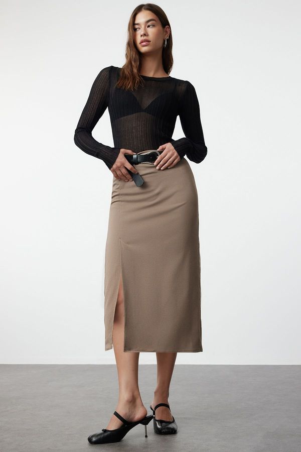 Trendyol Trendyol Dark Beige Slit Detailed Ederli Fabric Midi Length Woven Skirt