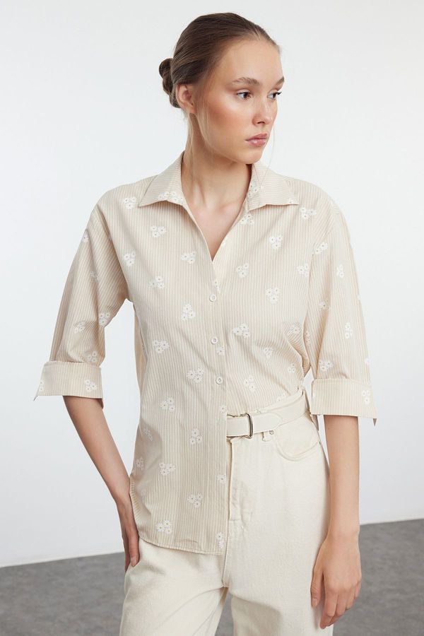 Trendyol Trendyol Dark Beige Striped Floral Cotton Woven Shirt