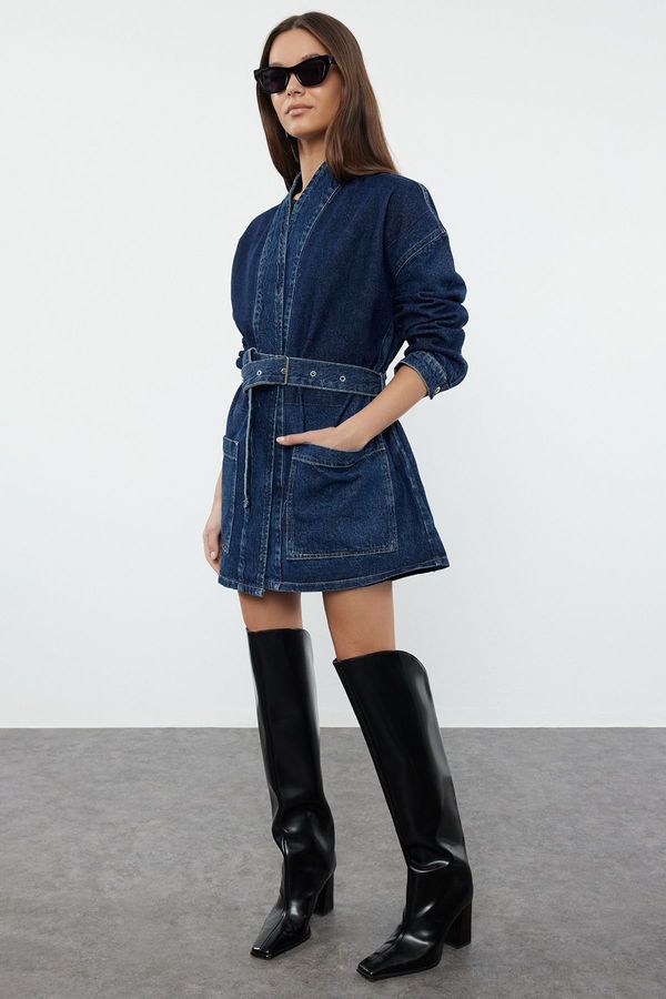 Trendyol Trendyol Dark Blue Color Block Belted Oversize Denim Jacket