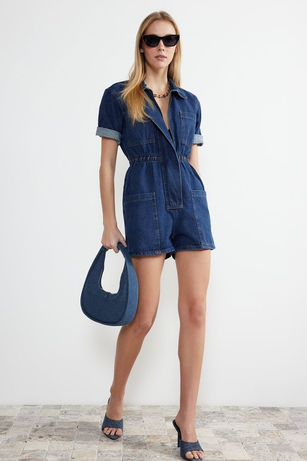 Trendyol Trendyol Dark Blue Elastic Waist Denim Shorts Overalls