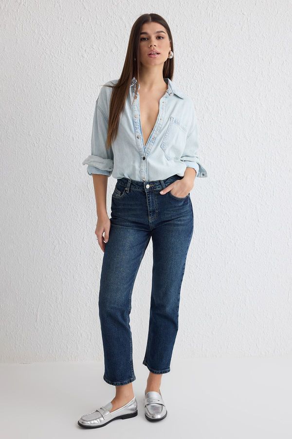 Trendyol Trendyol Dark Blue High Waist Comfort Straight Jeans