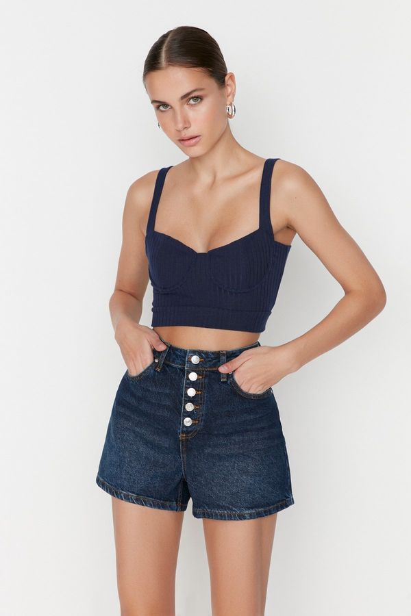 Trendyol Trendyol Dark Blue High Waist Denim Shorts With Buttons