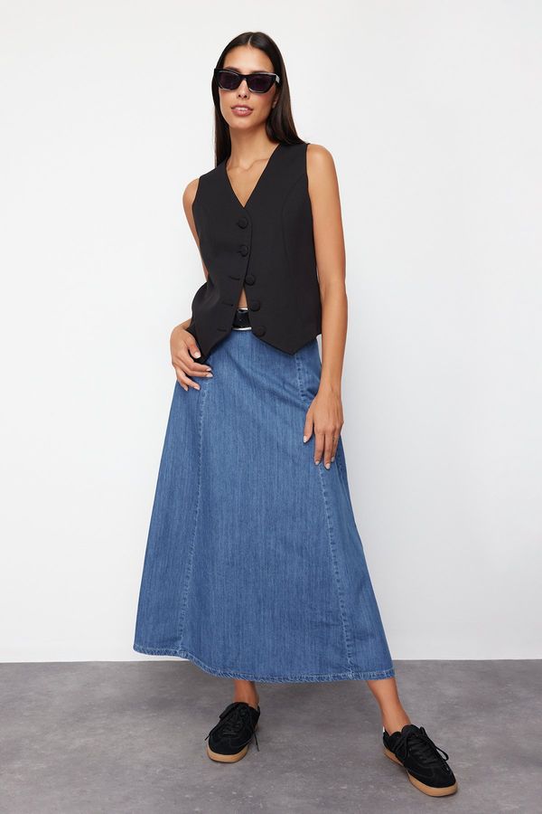 Trendyol Trendyol Dark Blue High Waist Midi Modest Denim Skirt