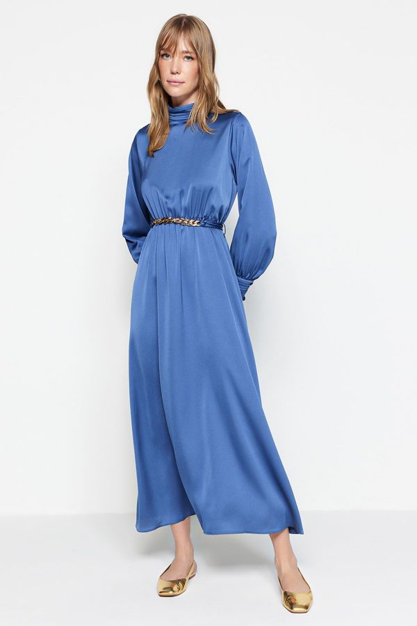 Trendyol Trendyol Dark Blue Knit Evening Dress with Draping Detail and Belt.