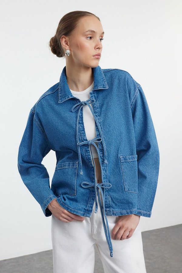 Trendyol Trendyol Dark Blue Lacing Detailed Oversize Denim Jacket