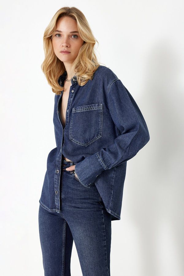 Trendyol Trendyol Dark Blue More Sustainable Lyocell Oversize Denim Shirt