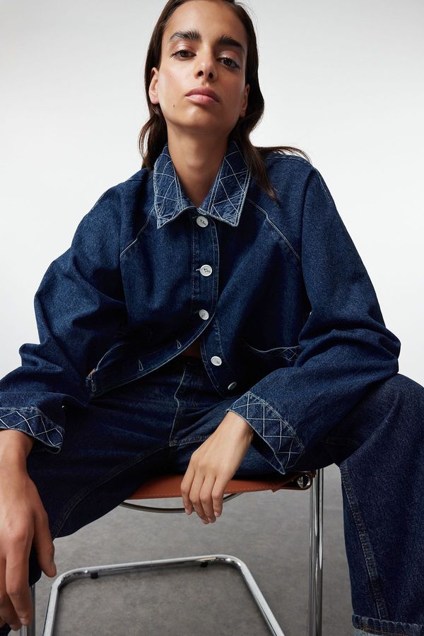 Trendyol Trendyol Dark Blue More Sustainable Oversize Denim Jacket with Stitching Detail