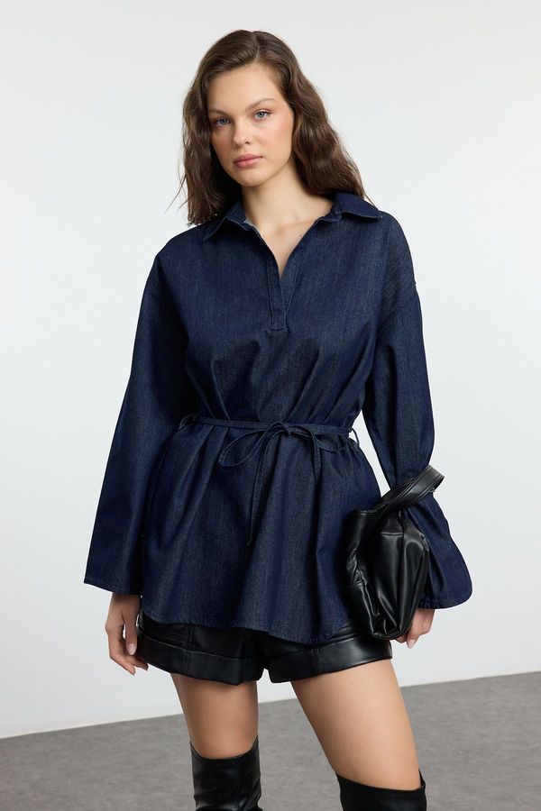 Trendyol Trendyol Dark Blue Oversize Tie Denim Shirt