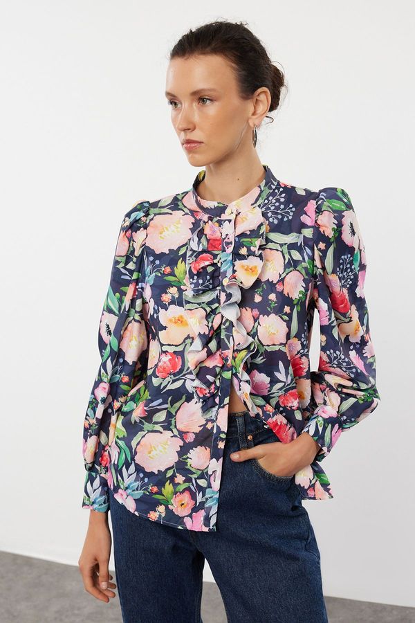 Trendyol Trendyol Dark Blue Stand-Up Collar Ruffled Chiffon Floral Woven Shirt