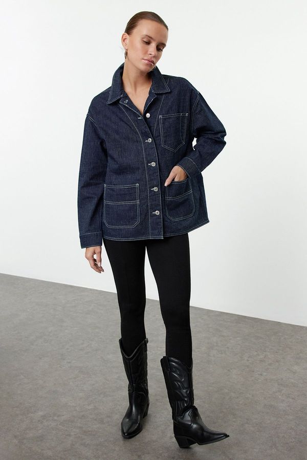 Trendyol Trendyol Dark Blue Striped Oversize Denim Jacket