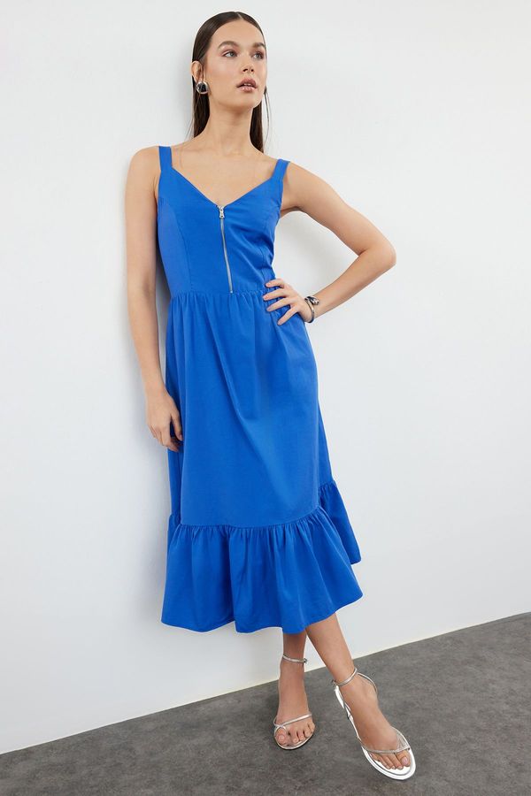 Trendyol Trendyol Dark Blue Waist Zipper Detailed Midi Lined Woven Dress