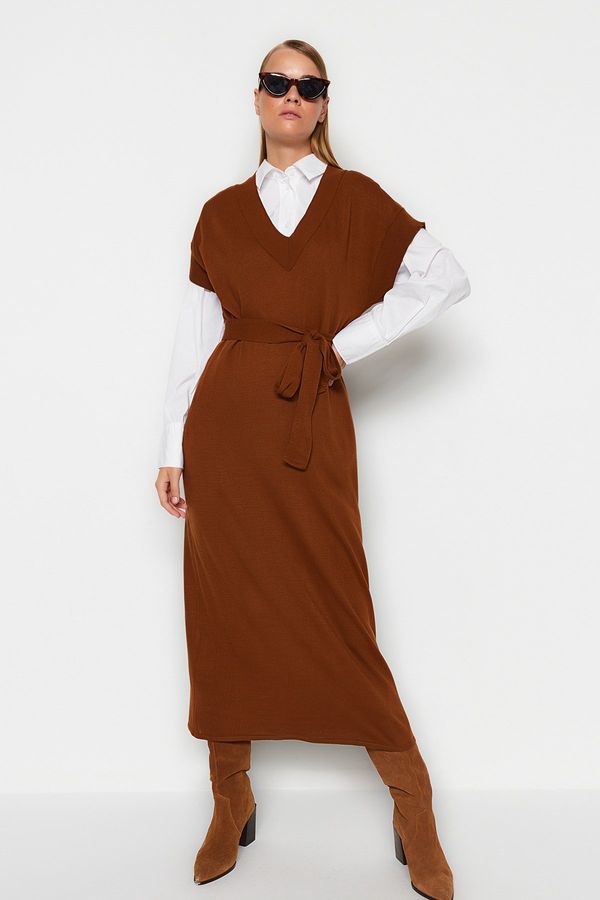 Trendyol Trendyol Dark Brown Belted Long Knitwear Sweater Dress