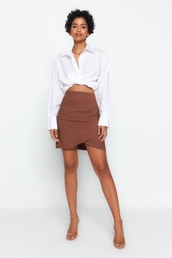 Trendyol Trendyol Dark Brown Gather Detailed Double Breasted Mini Woven Skirt