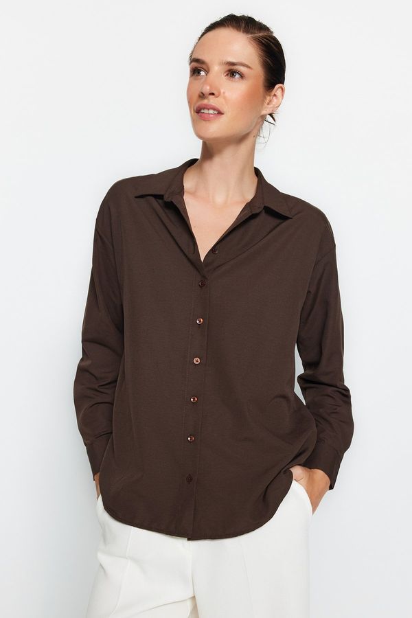 Trendyol Trendyol Dark Brown Loose Fit Cotton Woven Shirt