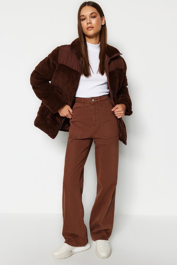 Trendyol Trendyol Dark Brown Oversized Color Block Plush Down Jacket