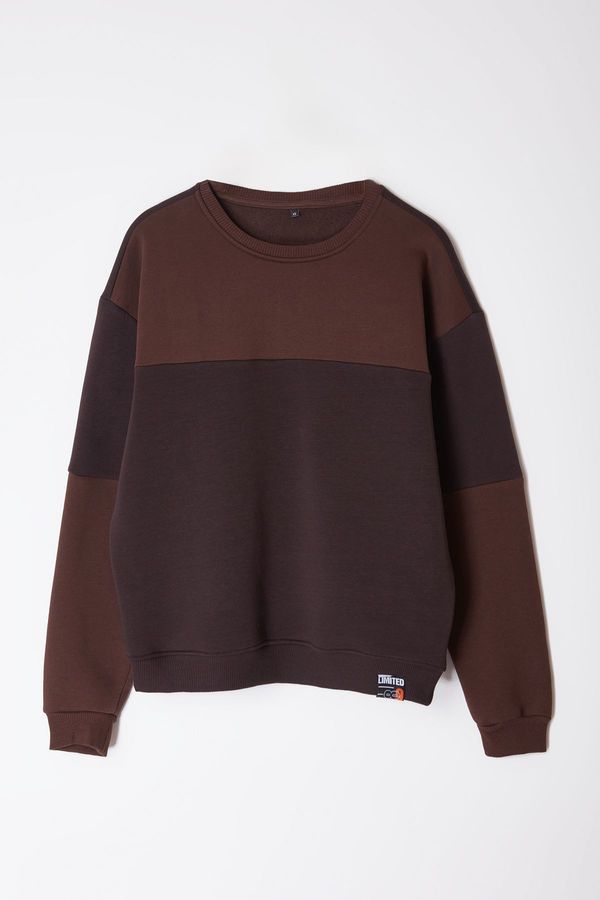 Trendyol Trendyol Dark Brown Oversize/Wide Cut Color Block Fleece Inside Sweatshirt