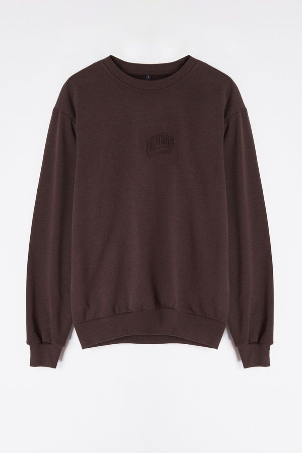 Trendyol Trendyol Dark Brown Oversize/Wide Cut Embossed Text Printed Sweatshirt