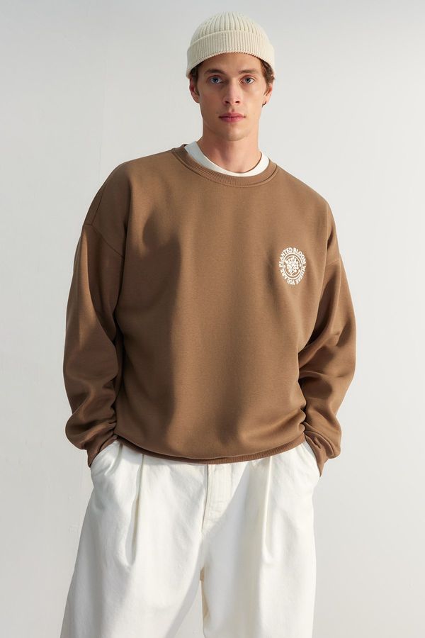 Trendyol Trendyol Dark Brown Oversize/Wide Cut Flower Embroidered Cotton Sweatshirt with Fleece Inside