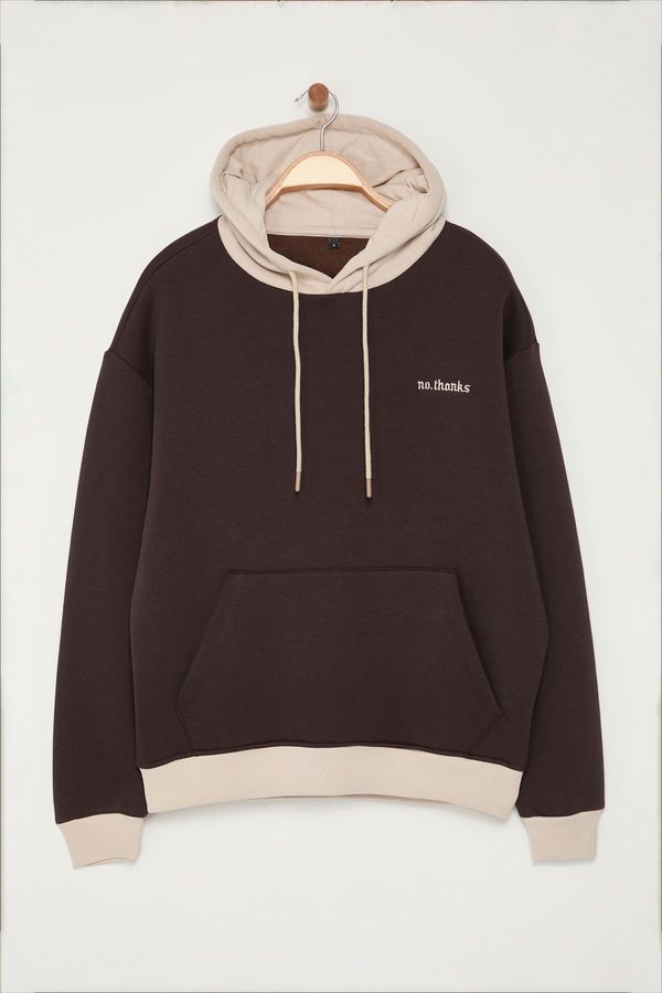 Trendyol Trendyol Dark Brown Oversize/Wide Cut Hooded Fleece Inside Color Block Embroidered Sweatshirt