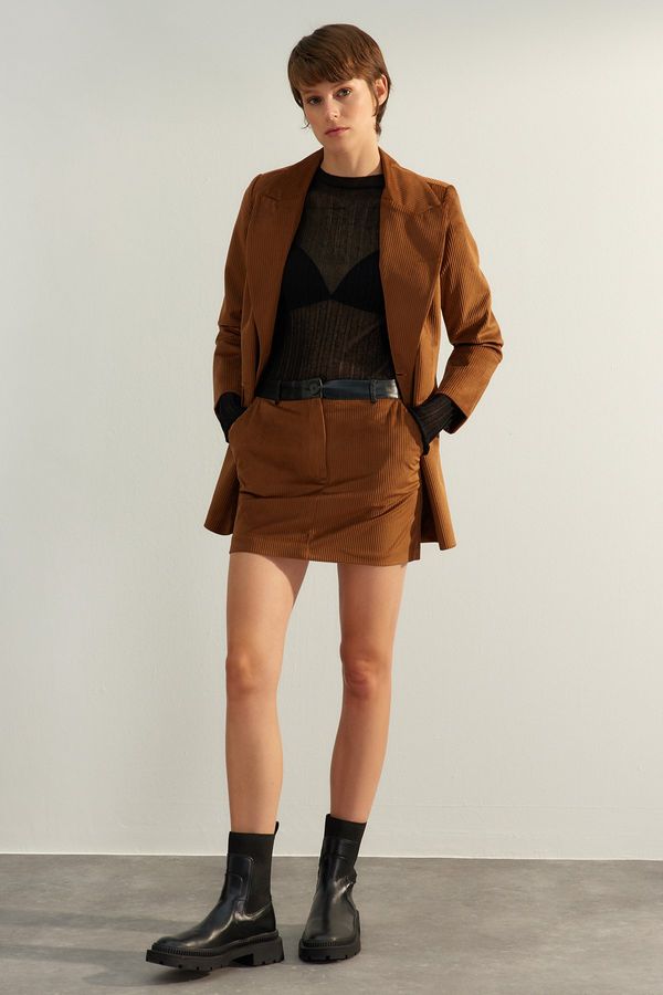 Trendyol Trendyol Dark Brown Premium High Quality Belt Faux Leather Velvet Mini Woven Skirt