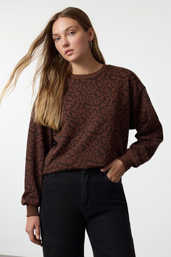 Trendyol Trendyol Dark Brown Printed Regular Fit Thick Inside Fleece Knitted Sweatshirt