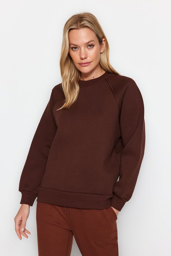 Trendyol Trendyol Dark Brown Relaxed Fit Basic Raglan Sleeve Crew Neck Pletena dukserica