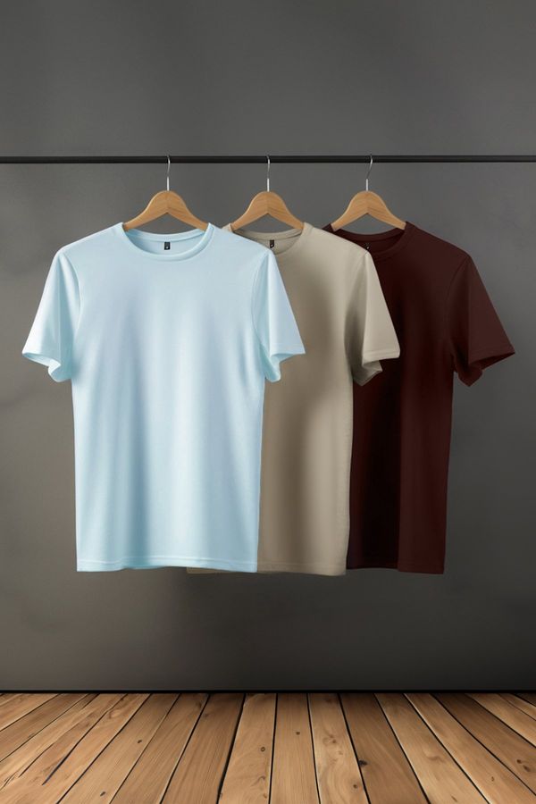 Trendyol Trendyol Dark Brown-Stone-Light Blue Basic Slim Fit 100% Cotton 3-Pack T-Shirt