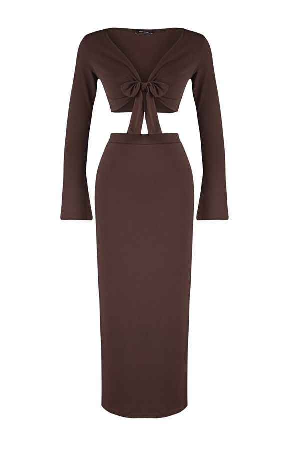 Trendyol Trendyol Dark Brown Tie Detailed Super Crop and Midi Flexible Knitted Bottom-Top Set