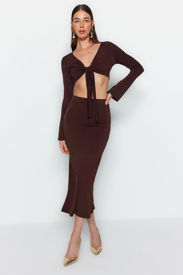 Trendyol Trendyol Dark Brown Tie Detailed Super Crop and Midi Knitted Blouse and Skirt Top-Bottom Set