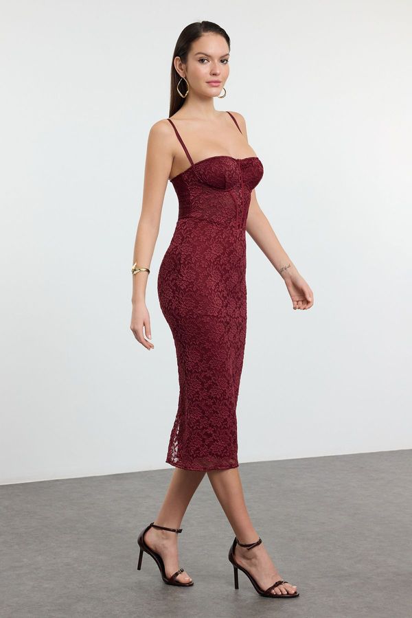 Trendyol Trendyol Dark Burgundy Body-Smoothing Lined Lace Knit Dress