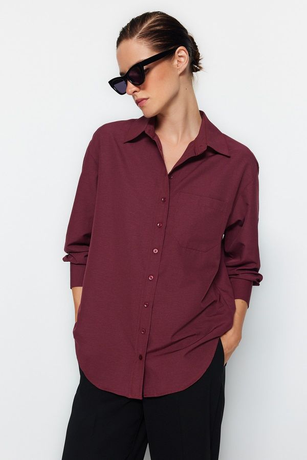 Trendyol Trendyol Dark Burgundy Single Pocket Boyfriend/Wide Fit Cotton Woven Shirt