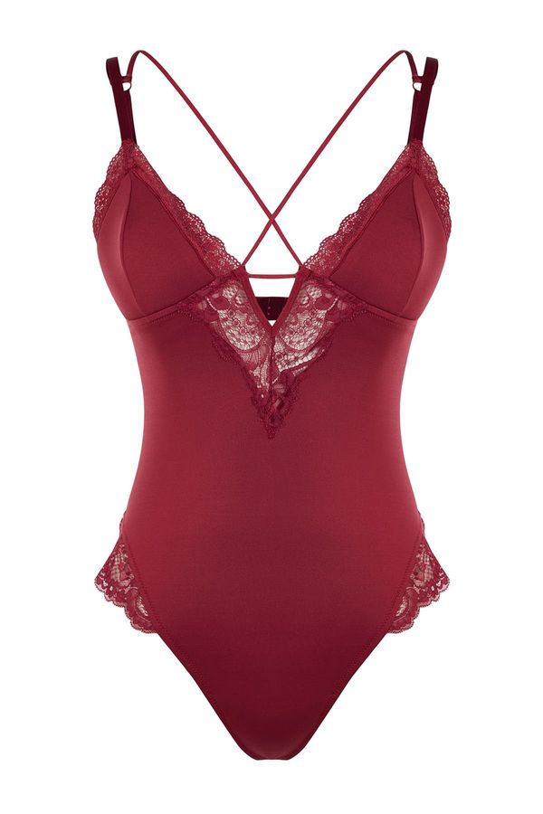 Trendyol Trendyol Dark Cherry Micro Lace Piping Detailed Rope Strap Knitted Body