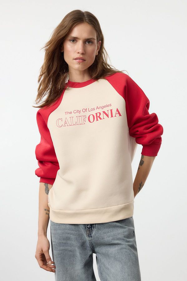 Trendyol Trendyol Dark Cherry Relaxed/comfortable Pattern Slogan Printed Thick Polar Fleece Knitted Sweatshirt