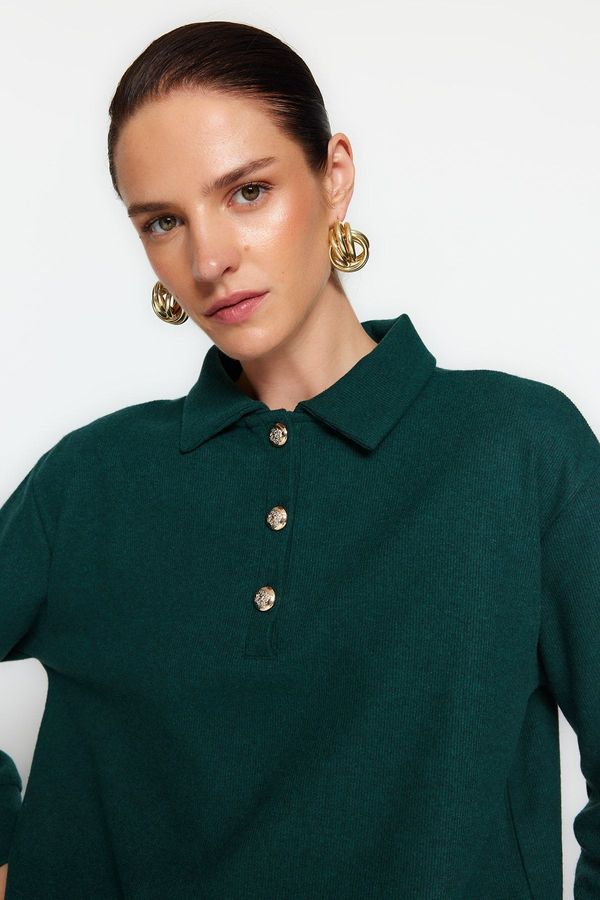 Trendyol Trendyol Dark Emerald Green Thessaloniki/Knitwear Look Regular Fit Buttoned Knitted Sweatshirt