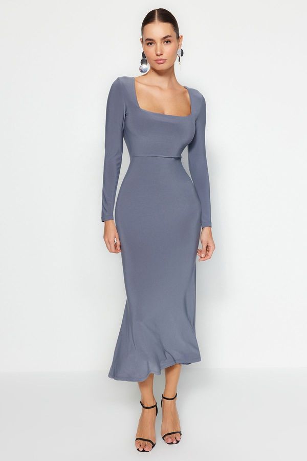 Trendyol Trendyol Dark Gray Flounced Square Neck Fitted Maxi Stretchy Knitted Dress