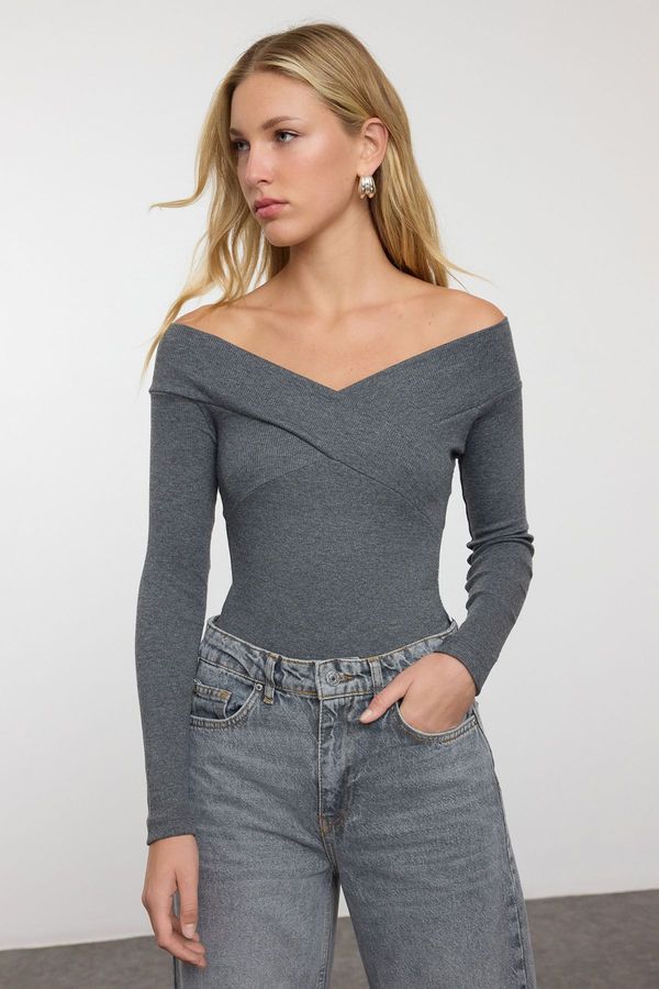 Trendyol Trendyol Dark Gray Snap-On Carmen Collar Ribbed Stretchy Knitted Bodysuit