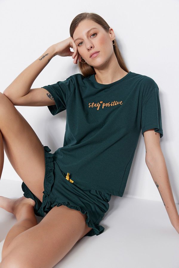 Trendyol Trendyol Dark Green 100% Cotton Embroidered Ruffle Detail T-shirt-Shorts Knitted Pajamas Set