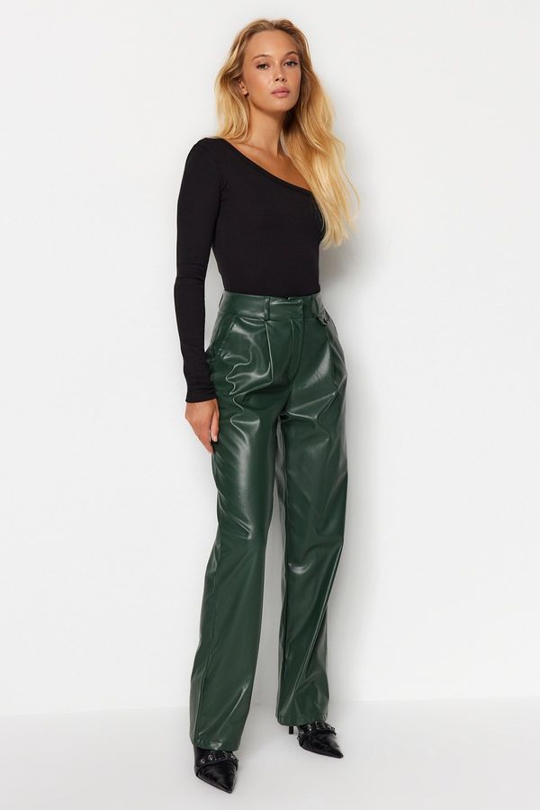 Trendyol Trendyol Dark Green Faux Leather Straight Cut Woven Trousers