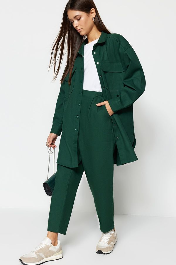 Trendyol Trendyol Dark Green Pocket Detailed Snap Closure Shirt-Pants Woven Suit