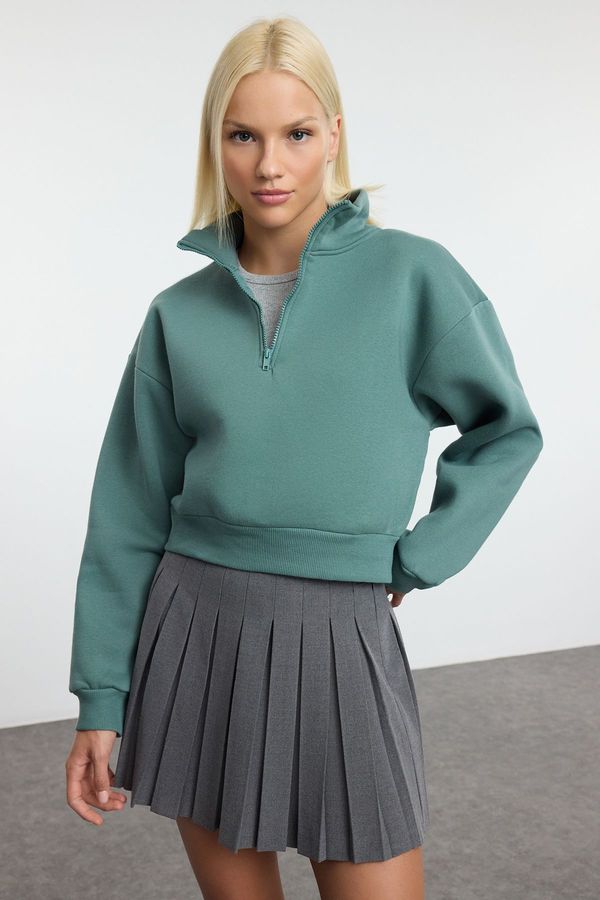 Trendyol Trendyol Dark Green Relaxed Cut Crop Zippered Stand Collar Thick Inside Fleece Knitted Sweatshirt