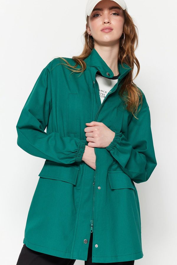Trendyol Trendyol Dark Green Weave Zipper and Snap Snap Fastener Jacket with a Drawstring Waist