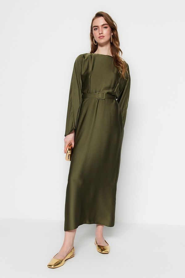 Trendyol Trendyol Dark Khaki Belted Satin Evening Dress