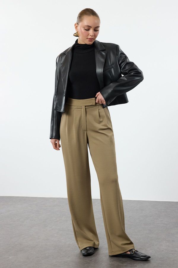 Trendyol Trendyol Dark Khaki Velcro Closure High Waist Pleated Wide Leg/Wide Cut Trousers