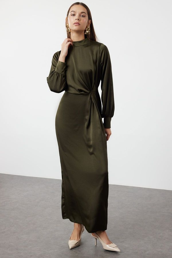 Trendyol Trendyol Dark Khaki Waist Gathered Satin Evening Dress