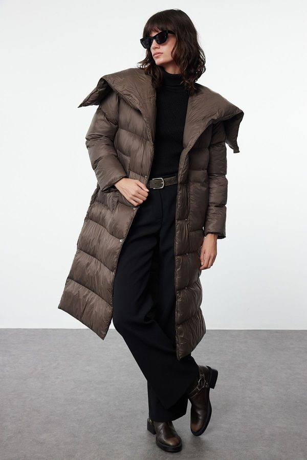 Trendyol Trendyol Dark Mink Oversize Belted Hooded Zippered Water Repellent Winter Puffer Coat