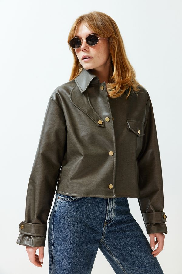 Trendyol Trendyol Dark Mink Oversize Collar Detailed Faux Leather Thin Jacket Coat