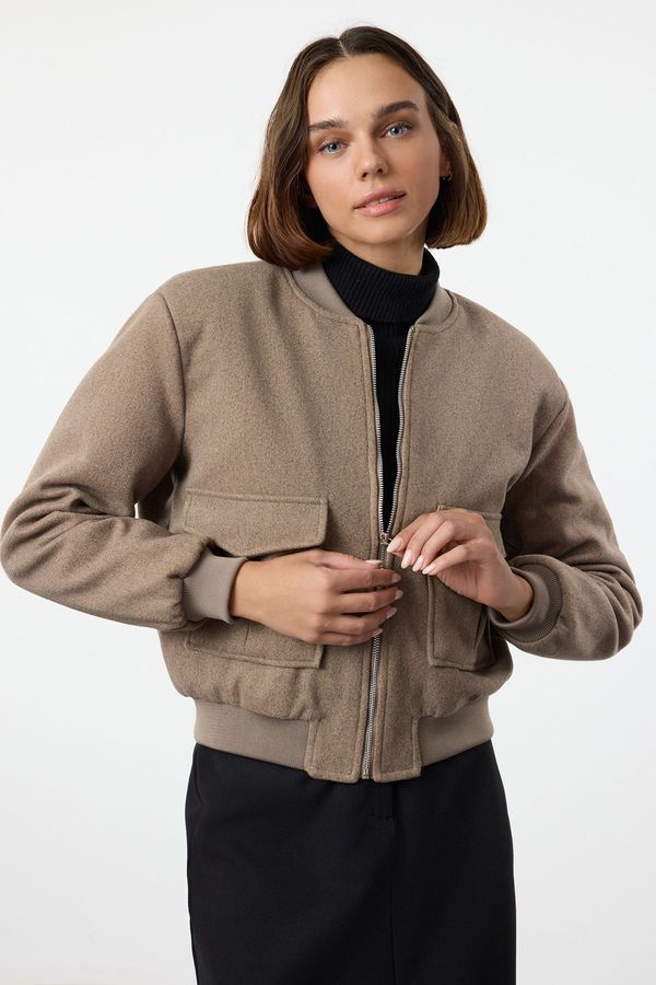 Trendyol Trendyol Dark Mink Regular Pattern Knitted Cashmere Bomber Jacket Coat