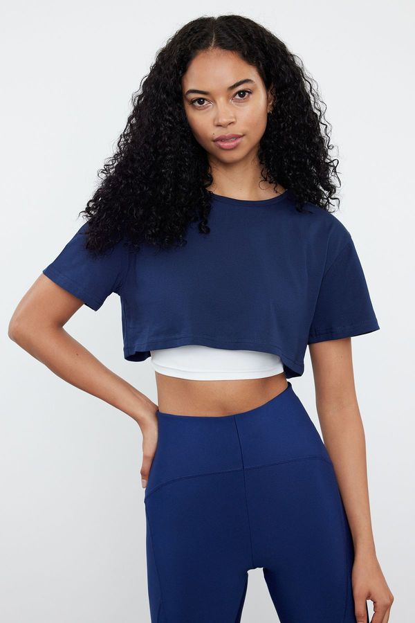 Trendyol Trendyol Dark Navy Blue 2 Layer Reflective Print Detailed Crop Knitted Sports T-Shirt