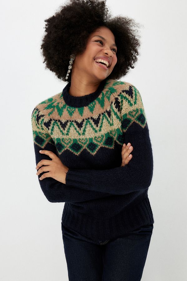 Trendyol Trendyol Dark Navy Blue Oversize Christmas Patterned Shimmer Knitwear Sweater