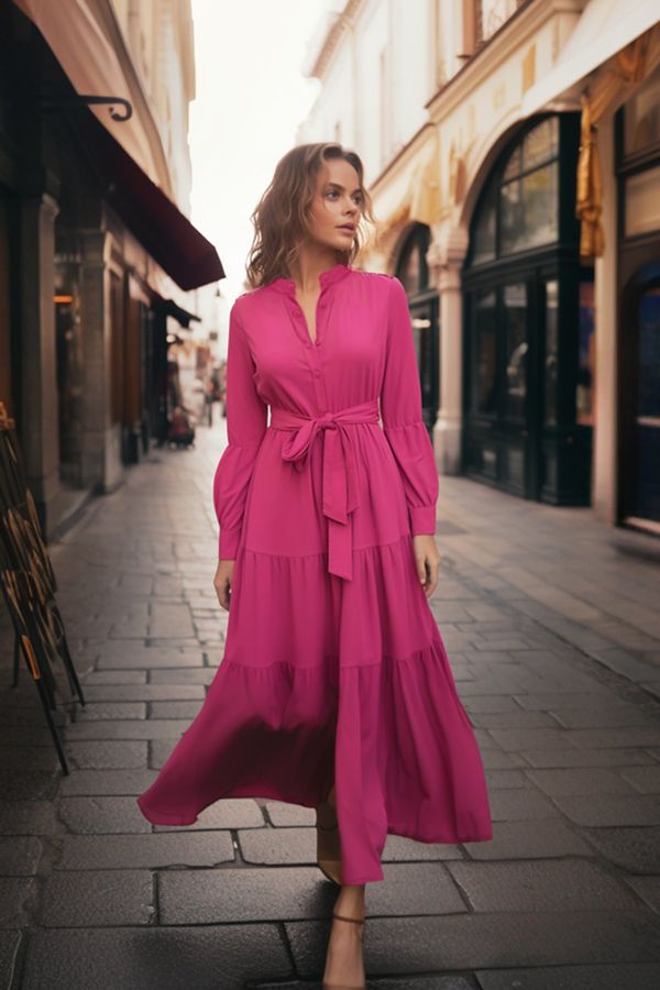 Trendyol Trendyol Dark Pink Belted Grand Collar Button Detailed Woven Dress